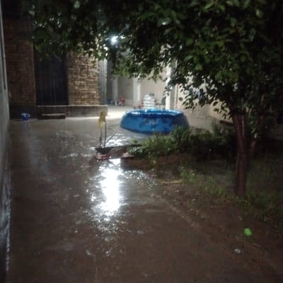 The image depicts an outdoor scene during a rain shower in the city of Kuyoshli (Solnechny), Uzbekistan. The ground is wet and reflects the ambient light, with visible ripples from the falling rain. A blue inflatable pool is present in the mid-ground, appearing to be partially filled with water. To the left of the pool, a yellow object is mounted on a pole, possibly a flag or marker. Further left, a blue plastic container is visible on the wet ground. In the background, brick structures and greenery can be observed. A tree with dark green leaves is prominent in the foreground and extends into the upper part of the image, its branches casting shadows. The overall atmosphere is dim, suggesting it is either evening or overcast conditions. There are no people directly visible in the image.