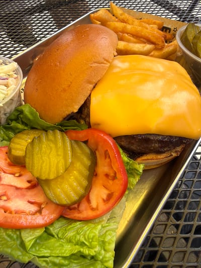 A close-up, high-angle shot shows a cheeseburger meal served on a metal tray. The burger, topped with a large slice of bright yellow cheese, sits on a bed of lettuce, tomato, and pickles. French fries are visible in the background, along with a small cup of coleslaw. The meal is placed on a metal picnic table, with a portion of the table's surface, covered in a diamond-patterned mesh, visible in the foreground and background. The scene is outdoors, suggested by the ambient lighting and the picnic table setting. No people are present in the image. The location is identified as Edgewater, United States of America.