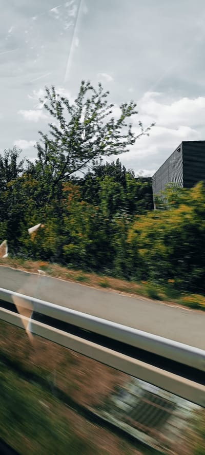 This image captures a motion-blurred view from a moving vehicle, likely along a roadside in Waiblingen, Germany. A gray, corrugated metal building dominates the right side of the frame, set against a backdrop of lush green trees. A light-colored guardrail runs diagonally across the foreground, separating the road from a grassy embankment. The sky is overcast, with hints of white clouds and darker gray masses. Several white objects, possibly birds or debris, are visible in motion in the upper left quadrant of the image. The overall impression is one of speed and a fleeting glimpse of the urban and natural landscape of Waiblingen.