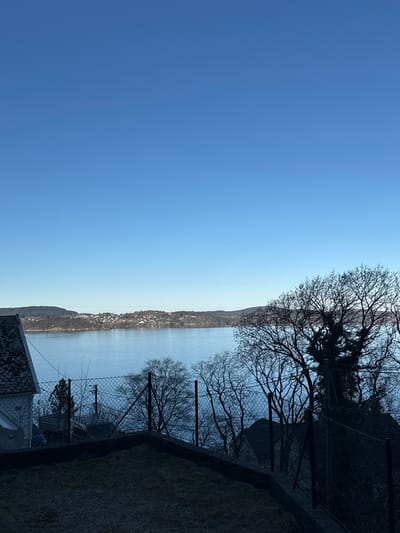 The image shows a view from an elevated position in Bergen, Norway. The sky is clear and blue, occupying a large portion of the left side of the frame. A body of water stretches across the middle of the image, with a narrow strip of land visible along the opposite shore, dotted with buildings and infrastructure, indicating a populated area.
On the right side of the image, there is a foreground consisting of foliage, a chain-link fence, and bare trees. Part of a building with a dark roof is visible at the bottom of the frame.