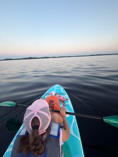 The image shows a person on a stand-up paddleboard on a body of water. The person is wearing a pink cap and a life vest. There is a paddle across the board, and an orange bag with the number "20" on it. The water is dark and reflects the sky, which is a light blue with a hint of pink near the horizon. In the distance, there is a treeline and what appears to be buildings. The image is taken from a slightly elevated, rear-facing perspective. This scene is consistent with the Daugava River in Salaspils, Latvia, during the evening.