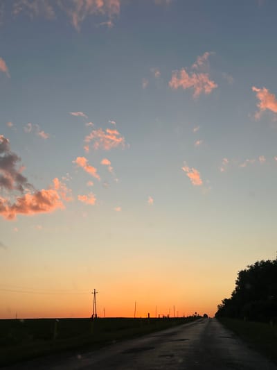 This image depicts a rural scene at dusk in Tovstoluh, Ukraine. The horizon is dominated by a gradient of warm sunset colors, transitioning from a soft orange near the ground to a pale yellow and then a light blue in the upper sky. Scattered across the sky are small, wispy clouds tinged with pink, suggesting the last rays of sunlight are catching them.

To the right, a dark silhouette of trees forms a dense line along the edge of a paved road. The road appears wet, reflecting the ambient light and suggesting recent rain or damp conditions. The road stretches into the distance, with several utility poles lining its side. These poles, with wires stretched between them, are silhouetted against the colorful sky, indicating a rural or semi-rural setting.

In the distance, along the horizon, some faint structures or trees are visible as dark shapes. The overall mood of the image is peaceful and serene, evoking the quiet beauty of a rural evening. The time of day is clearly sunset or twilight, with the weather appearing calm. There is no visible text in the image.