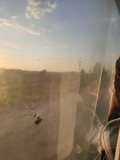 A sunlit sky with a line of telephone poles stretches to the horizon. A formation of birds flies in a straight line toward the sun. Part of a person wearing a plaid shirt is reflected or superimposed over the scene. The image is possibly taken through a window or reflective surface, causing visual distortion. A dark, unidentifiable mark is present on the surface.
