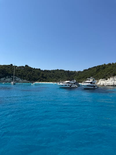 The image depicts a serene coastal scene in Ozias, Greece, bathed in the bright light of a clear day. The dominant feature is the intensely blue, tranquil waters of the Ionian Sea, gently rippling under the sun. Along the shoreline, a verdant, tree-covered hillside rises steeply, contrasting with the stark white of the rocky cliffs that punctuate the landscape.

Several modern yachts are moored close to the shore, their sleek white hulls gleaming against the azure backdrop. A lone sailboat with a tall mast is also visible, anchored in the shallows. The water is so clear that the seabed is discernible in some areas.

A thin line of what appears to be a barrier or rope separates the moored boats from the open sea, suggesting a protected anchorage or a designated swimming area. Tiny white specks in the water, possibly buoys or distant swimmers, add to the sense of scale and activity.

The overall impression is one of peacefulness and natural beauty, characteristic of a Greek island paradise on a perfect summer day. The clear sky and calm sea suggest pleasant weather conditions, ideal for sailing or enjoying the Mediterranean coastline. No text is visible in the image.