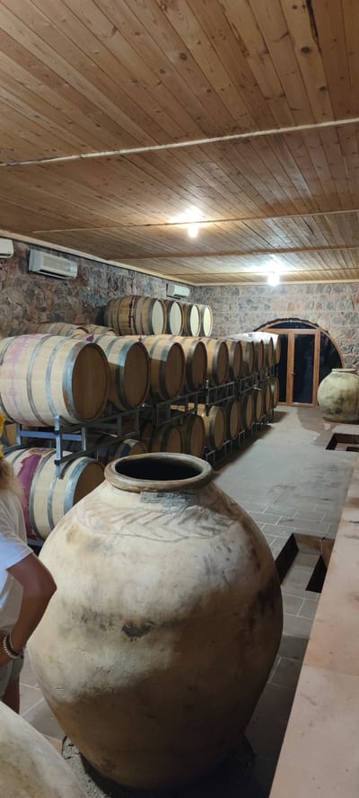 The image depicts the interior of a wine cellar in Taperakan, Armenia. The room is lined with wooden wine barrels, stacked on metal racks. Several large, traditional clay qvevri are also present, used for wine fermentation and aging. The walls are constructed of stone, and the ceiling is made of wooden planks. Two air conditioning units are visible on the walls. In the foreground, a person is partially visible, wearing a white t-shirt and bracelets. The lighting suggests an indoor environment with artificial illumination from ceiling lights. A doorway with a arched glass top is visible in the background.