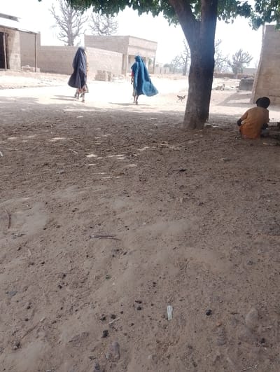 The scene depicts an unpaved outdoor area in Kanwa, Nigeria, under direct sunlight. The foreground consists of dry, light brown dirt or sand, scattered with small stones and organic debris. A large tree trunk occupies the right side of the frame, its leaves visible at the top.
Three individuals are present. In the mid-ground, two figures walk on a dirt path, generally moving away from the camera. The individual on the left wears dark blue or black long garments and a head covering, moving from left to right. The individual on the right wears blue long garments and a head covering, moving from right to left. A small, dark-feathered bird is visible on the ground between these two figures. In the right foreground, a person wearing a tan garment is seated on the ground, positioned beneath the tree trunk with their back mostly towards the camera, appearing to engage with objects directly in front of them on the ground.
The background features several single-story structures constructed from light-colored concrete blocks or mud bricks, some appearing unfinished or weathered. Sparse, dry vegetation and several trees, including one large bare tree, are present in the distant background. No direct interaction is observed between any of the individuals.
