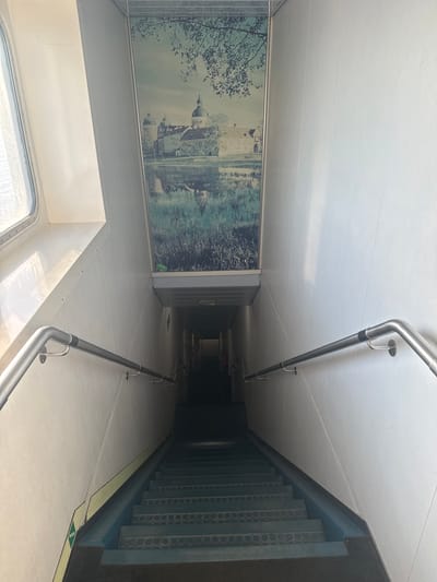 This is a full, eye-level shot of a descending staircase inside a ship or ferry. The walls are covered in white paneling, and a large framed print of a castle and pond hangs on the upper left wall. A metal handrail runs along both sides of the staircase. The stairs themselves are dark blue with a patterned surface on the treads. The bottom of the staircase is dark and out of focus. The scene is indoors, and the lighting suggests it is daytime, with light coming from a window on the upper left. There are no people visible in the image.