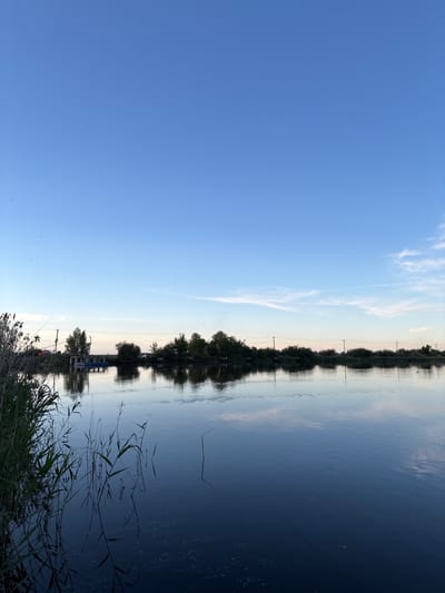 The image shows a body of water, likely a river or lake, reflecting the sky and the shoreline. The sky is predominantly blue, with some wispy clouds near the horizon. The shoreline is lined with trees and vegetation, including reeds. The water transitions from a lighter hue where it reflects the sky to a darker tone further out. The image appears to be taken at or near Khryashchevka, Russia. There is no evidence of people or actions in the frame.