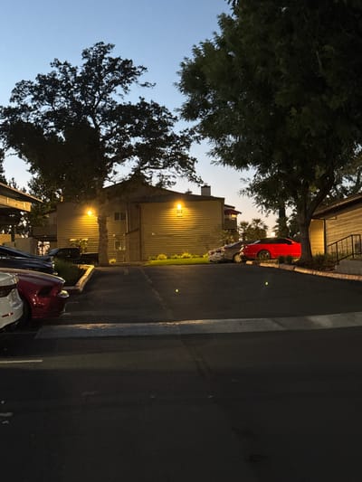 An exterior, medium-shot photograph captures a parking lot at dusk, likely in Sacramento, California. The sky is a gradient of light blue and dark gray. Dominating the scene are the dark silhouettes of large trees. To the left, a building with beige, horizontal siding is visible, featuring a covered carport area. Yellow outdoor lights illuminate portions of the building and the parking lot. Parked cars are visible in the foreground and midground. A white car is on the far left, followed by a red car, and then a dark-colored car. Further into the midground, a silver car is parked next to a bright red sports car. The ground is asphalt, with some painted white lines indicating parking spaces. A low, concrete barrier separates the parking spaces from a patch of grass and landscaping. In the background, palm trees can be seen, suggesting a warm climate. The overall scene depicts a residential or apartment complex parking area during twilight hours.