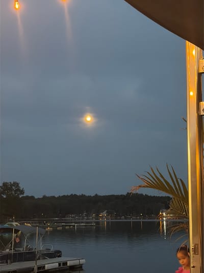 The image depicts a twilight scene at a lakeside in Wisconsin Dells, USA. The sky is a muted gray with a bright, hazy moon visible in the upper center. Along the bottom of the frame, a body of water is calm, reflecting the faint lights of buildings and trees on the opposite shore. Several boats are docked along the left side of the image, including a pontoon boat with a canopy. On the far right, a young girl with dark hair is partially visible, looking towards the camera, and a large, leafy frond extends into the frame from the right. The scene is illuminated by a string of warm, orange lights overhead, as well as the light from the moon and distant shore.