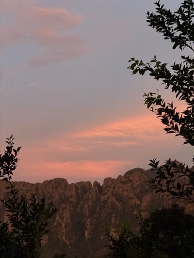 The image captures a serene mountain landscape at dusk, framed by dark, silhouetted branches of foliage. The sky is a gradient of soft, muted colors, transitioning from a pale grey-blue on the left to warm, rosy hues of pink and orange on the right, indicating the setting sun. Wisps of clouds are visible, catching the last light of the day.

Dominating the right side of the frame is a rugged, steep mountain face. Its textured surface is rendered in shades of brown and grey, with deep shadows emphasizing its dramatic contours. The mountain appears to be a prominent natural feature of the landscape.

The overall mood is peaceful and tranquil, evoking a sense of natural beauty and the quiet end of the day. The composition, with the foreground branches and the distant mountain, creates a sense of depth. The lighting suggests it is either sunrise or sunset, with the warm tones leaning towards sunset. No people or text are visible in the image. The location context provided is Vang Vieng, Laos, which is known for its karst mountain scenery.