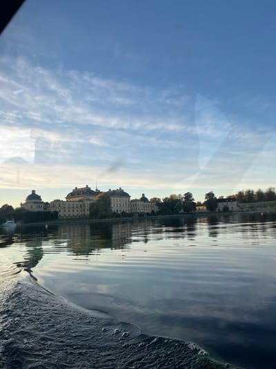 The image depicts Drottningholm Palace in Ekerö kommun, Sweden, viewed from a body of water, likely Lake Mälaren. The scene is illuminated by soft, natural light, suggesting early morning or late afternoon. The sky occupies the upper portion, displaying a light blue hue with scattered, wispy white clouds. The lower half features calm, dark blue-grey water with gentle ripples. A prominent wake with white foam is visible in the bottom left foreground, indicating the photograph was taken from a moving boat.
Drottningholm Palace, a large Baroque structure, stands in the midground along the waterfront. Its facade is a pale, possibly cream or yellow, color with dark, multiple-domed roofs and numerous windows. The palace's architecture includes several distinct sections and domes, and it is surrounded by deciduous trees, some exhibiting early autumn foliage. To the far left of the palace, a white yacht or large pleasure craft is docked. To the right of the main palace complex, additional smaller buildings are visible along the shore. Reflections of the palace and sky are discernible on the water's surface. No individuals are present in the visible frame. Faint, diagonal light reflections are perceptible across the image, consistent with a photograph taken through glass.