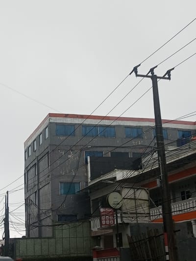 A tall, weathered gray building with a red trim line along the top edge dominates the scene under a cloudy sky. The building has multiple windows, some appearing to have blue curtains. Power lines crisscross in the foreground, obscuring parts of the building. A utility pole stands to the right, further entangled with the wires. Adjacent to the tall building is a smaller, multi-level structure with a satellite dish visible on its side. Fences and greenery are at the base of the scene.