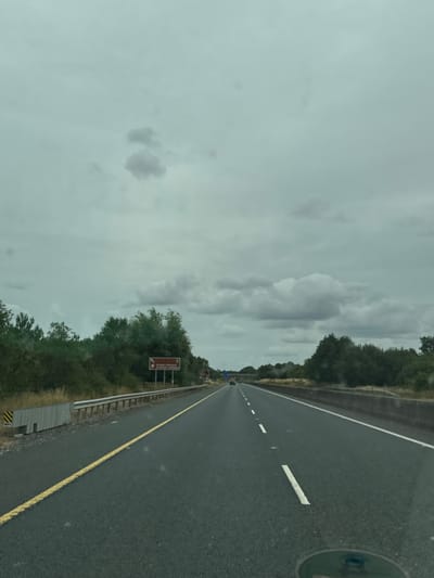 The image shows a view from a vehicle traveling on a multi-lane highway, likely the M9 motorway, in Ireland. The highway stretches into the distance, with clear lane markings and a concrete barrier on the right. The sky is overcast with gray clouds. On the left side of the road, there is a metal guardrail and overgrown vegetation, with a speed limit sign for 120 km/h and a brown sign indicating a turn-off for Ballybar and Athy. The environment appears rural, with trees and fields visible on either side of the highway.
