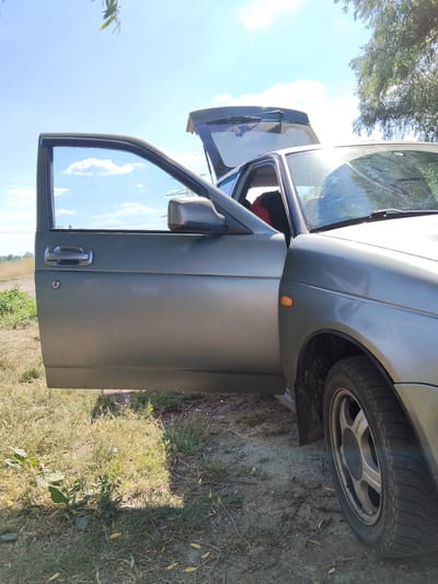 A medium-shot, eye-level, outdoor photograph shows the driver's side of a grey sedan parked on a dirt and grass area under a bright, sunny sky. The driver's side door is wide open, revealing a sliver of the interior with a red-upholstered seat. The trunk of the car is also open, with the rear window slightly lowered. A branch with green leaves hangs from the top left corner of the frame, partially obscuring the clear blue sky with scattered white clouds. The car is positioned slightly off-center to the right, with the front passenger-side wheel clearly visible in the foreground. The surrounding environment appears to be rural or semi-rural, with dry grass, scattered weeds, and dirt on the ground. In the background, a distant field and what appear to be power lines can be seen. The overall impression is a still, peaceful scene on a clear, daytime with no visible text or discernible emotions. The location context is Bilyaivka, Ukraine.