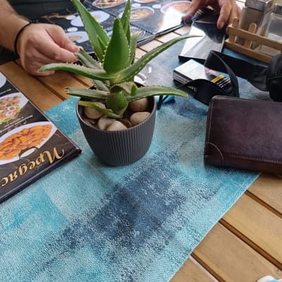 The image shows a close-up view of a wooden table at an outdoor cafe in Lyubimets, Bulgaria. On the table, a small potted aloe vera plant sits in the center. To the left, a menu with pictures of food items is visible. A person's hands are in the background, holding a mobile phone. Next to the plant, a dark brown leather wallet, a pack of cigarettes, and a black fabric bag are placed on a blue and white patterned placemat. The placemat is on top of a wooden table. In the background, there are salt and pepper shakers. The overall scene suggests a casual dining setting.