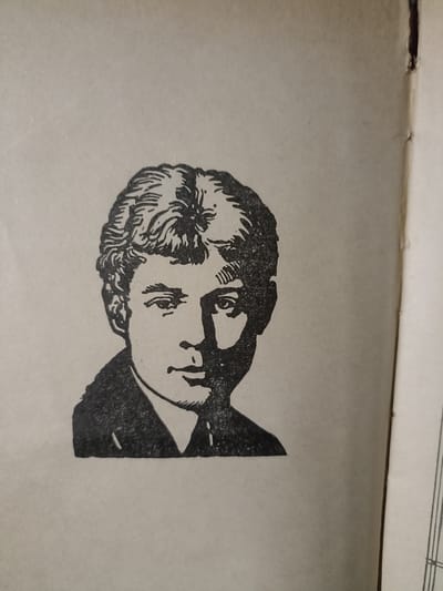 A black and white woodcut illustration of a young man's head and shoulders is printed on aged, light-colored paper. The man has curly hair, prominent eyebrows, and his face is partially obscured by shadow, suggesting a dramatic or contemplative mood. He appears to be wearing a jacket or suit. The illustration is the sole subject on the page, with the right edge of the paper showing the spine of a book with some vertical lines of text or design. The overall impression is that of an old book illustration. There is no visible text within the illustration itself, nor any explicit clues about the time of day, weather, or specific location beyond the generic context of a book page.