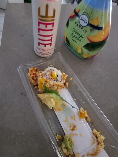 In Islamorada, Florida, on a textured, grey surface, the image displays a collection of items. To the left, a white can with red and gold lettering reads "ELITE" vertically, with "LYCHEE POMEGRANATE" and other text below. To the right, a green plastic spray bottle with a blue cap and a label featuring mango slices and the word "Febreze" is visible. In the foreground, a clear plastic container holds a partially eaten sushi roll, garnished with pickled ginger and wasabi. Scattered around the sushi are crumbs and remnants of the meal.