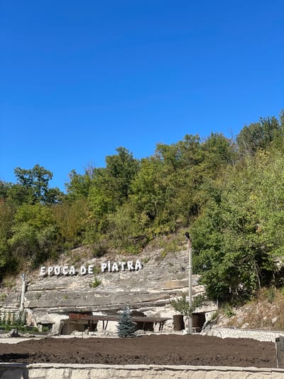 This image captures a section of a rocky hillside in Brănești, Moldova, under a clear, bright blue sky. Large, three-dimensional white letters spelling "EPOCA DE PIATRA" are affixed to the exposed limestone rock face near the center of the frame. Below these letters, the rock formation features multiple visible openings, suggestive of cave entrances or excavated structures. One such opening includes a wooden canopy structure extending outwards.

The upper and side portions of the hillside are densely covered with a variety of green deciduous trees and shrubs, displaying foliage typical of late summer or early autumn. In the foreground, a prepared landscaping area is visible, featuring a rectangular bed filled with dark, tilled soil. Centrally positioned within this bed is a small, conical evergreen tree. To the right of this tree, a tall, gray utility pole with a dark fixture at its apex stands against the hillside. The very bottom of the image shows a low, rough-hewn stone wall. No individuals are present in the scene.