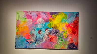 The image displays a vibrant, large-scale abstract painting prominently hung on a plain, light-colored wall, likely within an art gallery or exhibition space in San Cristóbal De La Laguna, Spain. The painting is rectangular and oriented horizontally.
The artwork is characterized by an explosion of bright, saturated colors including various shades of pink, fuchsia, yellow, orange, red, green, blue, and purple. The background features dynamic, swirled brushstrokes and blended areas of color, creating a lively and energetic foundation. Overlaid on this colorful ground are numerous translucent, irregular, rounded shapes that resemble bubbles, cells, or amorphous blobs. These shapes are delineated with lighter, sometimes white, outlines, giving them a glossy, three-dimensional, and ethereal quality. Some of these forms appear to contain or be filled with additional colors, while others are more transparent, allowing the underlying brushwork and colors to show through.
The overall impression of the painting is one of playfulness, organic movement, and a celebration of color and light. The piece is well-lit, suggesting deliberate gallery lighting, which enhances the luminosity and depth of the translucent elements and the vibrancy of the colors. A small, unreadable plaque is visible on the wall to the right of the painting, typical of an exhibition setting, possibly indicating the artist's name or the artwork's title. No people or other significant objects are visible in the scene.