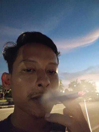 This is a close-up, selfie-style photograph of a person in an outdoor setting at dusk. The subject, a person with dark hair and a mustache, is in the foreground, holding a lit cigar to their mouth and exhaling smoke. Their face is partially obscured by the smoke and the angle of the shot.
The background shows a hazy twilight sky with soft clouds, indicating the time of day is either sunrise or sunset. Trees and some blurry lights suggest an urban or suburban environment, possibly a roadside area given the presence of a road and sidewalk in the lower left portion of the image. The overall lighting is dim, with warm tones from the cigar's ember and ambient light sources. The mood appears relaxed or contemplative. No text is visible in the image.
