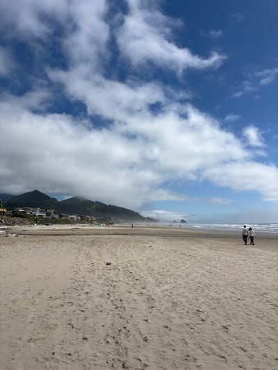 The image presents a panoramic view of a vast, sandy beach under a partially cloudy sky. The upper section features a bright blue sky with numerous white clouds, ranging from fluffy cumulus to thin wisps.
Along the horizon, a line of green, forested hills and mountains stretches, with some light clouds or mist clinging to their peaks. At the base of these hills, a small coastal town is visible, characterized by several houses and buildings nestled close to the beach. Further down the coast, distant rock formations, including a prominent haystacks, rise from the ocean, consistent with the location of Cannon Beach.
The majority of the foreground and right side of the image is occupied by a wide expanse of light tan sandy beach, showing subtle textures from the wind or water. The ocean, with gentle waves breaking, is visible along the left edge of the beach. Two individuals are seen walking casually on the wet sand in the mid-right portion of the beach, appearing as small figures against the large landscape.
The scene depicts a clear, bright day, likely late morning or early afternoon, with a mix of sun and clouds creating a vibrant yet serene atmosphere. The activity involves leisurely walking along the scenic coastline. No discernible text is visible in the image.
