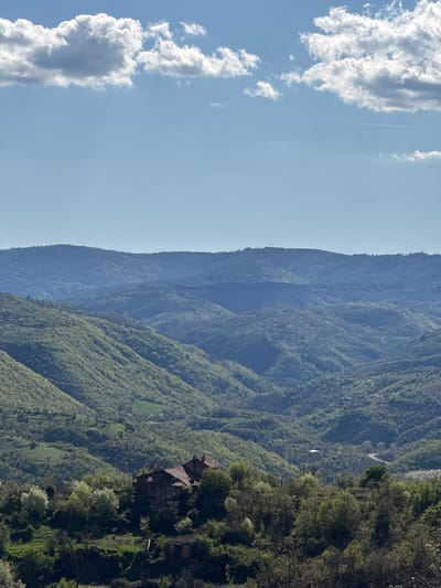 The image shows a landscape, likely in a mountainous region, with a clear sky containing some clouds and a contrail in the upper left. Mountains covered in dense green vegetation fill the right side of the frame. A prominent ridge line delineates the mountains from the sky. On the right side of the image, nestled amidst the vegetation, is a building or structure with a multi-tiered roof. The building appears to be located on a steep slope. The location is Tsarvishte, Bulgaria.