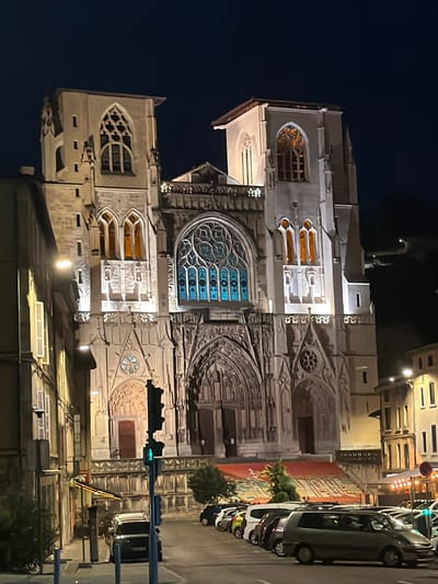 The image captures a frontal view of the Cathédrale Saint-Maurice de Vienne in Vienne, France, at night. The cathedral is illuminated, highlighting its Gothic architecture. Two prominent towers flank the central facade, which features a large rose window with blue stained glass. Numerous arched windows with orange-tinted glass are visible on the towers and facade. A wide red carpeted staircase leads up to the main entrance, with visible architectural details and decorative elements.

In the foreground, a street is lined with parked cars of various types. A traffic light with a green pedestrian signal is present on the right side of the street. Buildings with illuminated windows are visible on the left and right sides of the street, suggesting an urban setting. The sky is dark, indicating nighttime. No individuals are clearly discernible in the immediate foreground or on the street, though a faint figure might be visible on the cathedral steps. The overall scene depicts a well-lit historical landmark in an urban environment at night.