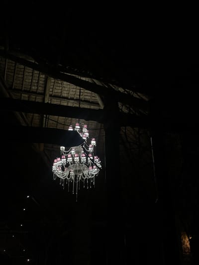 The image captures a dimly lit interior or covered outdoor space at night, focusing on an illuminated chandelier and elements of the building's structure. The main object is a large, ornate chandelier, likely made of glass or crystal, which emanates light with both white and distinct pinkish-purple hues. It features multiple tiers, elaborate curving arms, and numerous small, hanging decorative elements that catch the light.
In the left and central parts of the frame, several prominent dark wooden beams are visible, forming part of the structural support for the roof. Behind and above these beams, a textured thatched roof is clearly discernible, showcasing its woven pattern. The overall darkness of the scene suggests nighttime or a heavily shaded interior. In the far background on the right, a few very small, faint points of light can be seen, possibly indicating distant string lights or other ambient lighting. No people or specific activities are depicted.
Faint vertical text, "ALICIA RESTAURANT," is subtly visible on the right side of some of the cropped hint images, identifying the location as a restaurant. The combination of a rustic thatched roof, wooden beams, and an elegant chandelier suggests a unique architectural style, fitting for a dining establishment or lodge in Mto Wa Mbu, Tanzania.