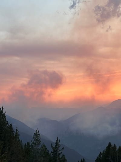 This image captures a mountain landscape at dusk. The sky is a gradient of soft blues, pinks, and oranges, with scattered clouds. In the foreground, dark green pine trees are silhouetted against the sky, with their branches reaching upwards. Behind the trees, a series of hazy, blue-gray mountains recede into the distance. Wisps of smoke or fog drift through the valleys between the mountains, adding to the ethereal atmosphere. The scene suggests a remote, natural setting.