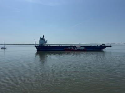 A wide shot captures a large dark blue cargo ship sailing on a calm, gray body of water under a clear blue sky. The ship is vast, with a prominent white superstructure at the stern. A smaller red and white pilot boat is attached to the side of the cargo ship. The pilot boat has "PILOT" printed on its side. The cargo ship has "EASTERN ROCK" and "LINK" written on its hull. Several people are visible on the deck of the cargo ship. A lone sailboat with a white sail is visible in the distance on the left side of the frame. The horizon shows a distant shoreline with what appears to be wind turbines. The time of day is daytime, and the weather is clear and sunny. The scene appears to be taking place in Brunsbüttel, Germany.