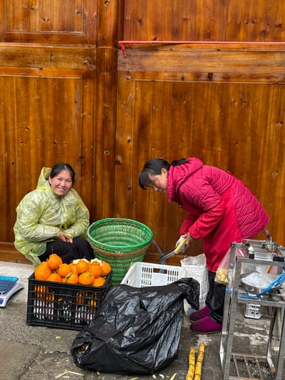 The scene in Gongtan, China, depicts two women engaged in street vending against a weathered wooden wall. On the left, a woman in a transparent lime-green raincoat and dark pants crouches on the damp ground, smiling directly at the viewer. Beside her, a black plastic crate is filled with numerous orange citrus fruits, some still bearing green leaves. A blue and white digital scale rests on the ground nearby. To the right, a second woman, dressed in a bright red quilted jacket, dark pants, and purple slip-on shoes, bends forward. She is actively processing a piece of sugarcane using a tool with a yellow handle and a silver blade. Between the two individuals are a large green woven basket and an empty white plastic crate. A crumpled black plastic bag lies on the wet pavement. To the far right, a multi-tiered stainless steel cart holds small plastic bags containing light-yellow peeled fruit segments and a metal bowl with clear ice or solids. Two segments of peeled sugarcane are visible on the ground in the immediate foreground. The background consists of a tall, light-brown wooden wall made of vertical planks, marked with a horizontal red pipe or bar at mid-height. The ground is a wet, dark-grey paved surface with scattered debris.