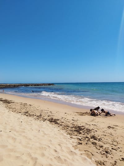 This media file depicts a sunny day at the beach in Rota, Spain. The scene is set on a wide, sandy beach with the calm, blue ocean stretching out to the horizon. A stone jetty juts out into the water on the left side of the image. The sky is a clear, bright blue, indicating fair weather.

In the foreground, three children are engaged in playing in the sand. They appear to be building something or digging. The children are dressed in swimwear, suggesting a warm, recreational atmosphere. The sand is lightly textured with footprints and scattered bits of dried seaweed, indicating it has been recently used by beachgoers. The gentle waves lapping at the shore suggest a peaceful and pleasant environment. The time of day appears to be mid-day, given the bright sunlight and clear sky. There is no visible text in the image.
