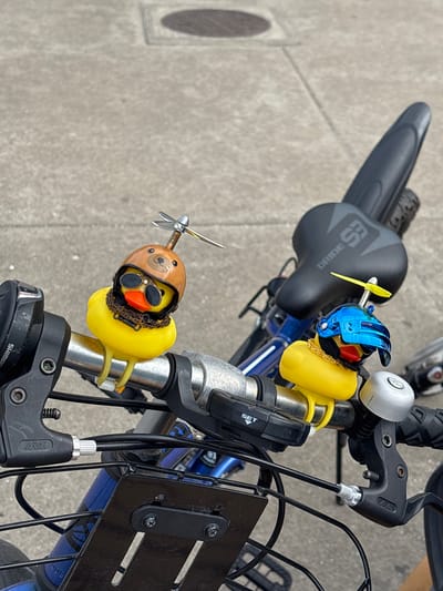 The image shows a close-up of a bicycle handlebar with two yellow rubber ducks attached. The duck on the left is wearing a brown helmet with a bear design and sunglasses, along with a chain necklace. The duck on the right has a blue helmet with a visor, sunglasses, and a gold chain. Both ducks have a small propeller-like object attached to the top of their heads. The handlebars are silver, and there are various bike components visible, including brake levers and shifters. The background is a concrete sidewalk with a circular drain cover. The image appears to be taken outdoors, possibly on a sunny day. The scene is set in the city of Sumida, Japan.