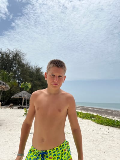 A fair-skinned male youth, approximately 10-14 years old, stands center-frame on a white sand beach in Michamvi Kae, Tanzania. He has short, light brown hair and a neutral expression, facing directly towards the viewer. He is shirtless and wears bright green swim trunks patterned with blue, red, and yellow video game controllers, secured by a blue drawstring. A light-colored band is visible on his left wrist.
To the subject's left, a beach area features two thatched-roof sun umbrellas and two wooden lounge chairs with white cushions. Behind these structures, a dense line of tall, dark green trees, possibly casuarina, and some palm fronds form the treeline. To the subject's right, a narrow strip of light green ground cover vegetation separates the sand from the ocean. The ocean horizon is visible, with the water appearing a light blue-green. Patches of dark brown material, consistent with seaweed or detritus, are present along the water's edge. The sky overhead is light blue with scattered, wispy white clouds.