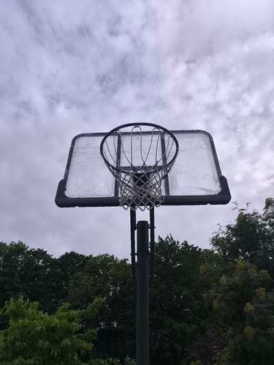 A low-angle, eye-level shot captures a basketball hoop and backboard against a cloudy, overcast sky. The backboard is clear with visible scuff marks and a black frame. A white net hangs from the black rim of the hoop. Below the hoop, a dark gray pole supports the structure. Dense green foliage of trees forms a backdrop, with some lighter green leaves in the foreground on the left and a tree with yellow clusters of flowers on the right. The scene appears to be outdoors, possibly in a residential area or park, given the presence of trees and what looks like a recreational basketball setup. The location is Tabasalu alevik, Estonia.