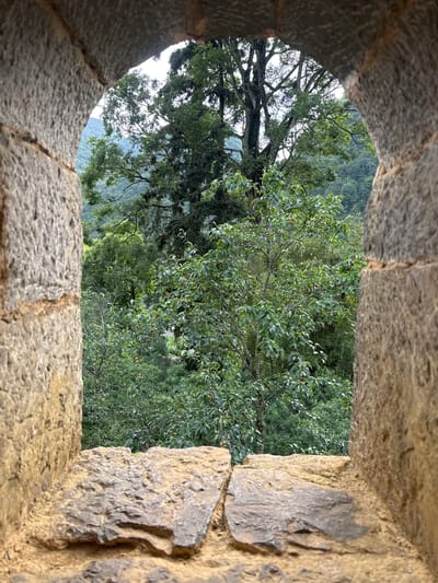 The image, taken in Sà Phìn Commune, Vietnam, presents a view of lush greenery, including trees, as seen through a stone window or opening. The window frame, constructed of roughly hewn stones, occupies the foreground. The vegetation extends beyond the opening, suggesting a landscape of dense foliage and hills.