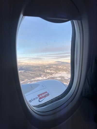The image displays a view from an aircraft window, looking downward and forward over a vast, snow-covered landscape. The scene is observed from high altitude, with the ground below characterized by undulating terrain, partially covered in white snow, suggesting winter conditions. This landscape is situated in the city of Teigebyen, Norway.
The dark gray oval frame of the aircraft window occupies the immediate foreground. Through the lower left portion of the window, a segment of a white aircraft engine nacelle is clearly visible. A red and white logo, partially reading "Norwegian.com", is affixed to the exterior surface of this engine nacelle.
The sky above is a pale blue, transitioning to lighter tones near the horizon. Thin, stratified clouds are present in the distance. The outer surface of the aircraft window pane exhibits a scattering of small, dark specks, indicative of dust or particulate accumulation. No human figures or direct interactions are visible within the frame, though a dark garment or object is partially discernible on the far right, just inside the window frame, suggesting the presence of a passenger. The lighting indicates either early morning or late afternoon conditions, with soft, directional light.