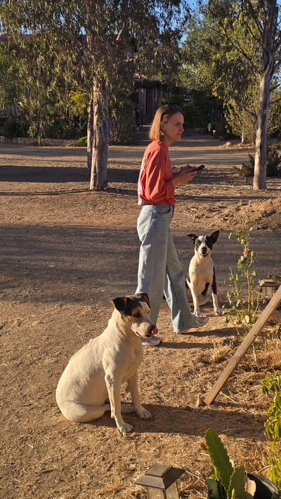 In Tierra Santa, Mexico, a blonde woman in a coral shirt and light blue jeans walks on a dirt path bordered by trees. She is holding a dark-colored cell phone in her right hand. Two dogs are present. A light-colored dog with brown markings sits in the foreground, looking to the right and sticking out its tongue. Behind the woman, a black and white dog sits and looks toward the camera with its mouth open. The environment is arid, with dry grasses and scattered vegetation under a clear sky.