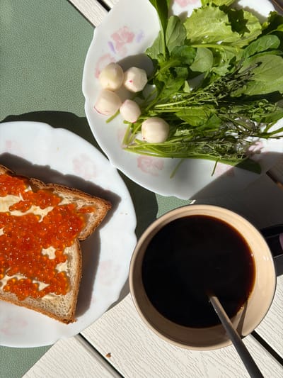 The image shows a meal on a table, likely outdoors, as evidenced by the shadows. A plate on the left contains a mix of green leafy vegetables and white radishes. A bowl filled with a dark liquid and a spoon rests in the upper right. Below the bowl is a plate with a piece of toast covered in butter and orange roe.
The location is not detectable in the image, nor is there evidence of any people.