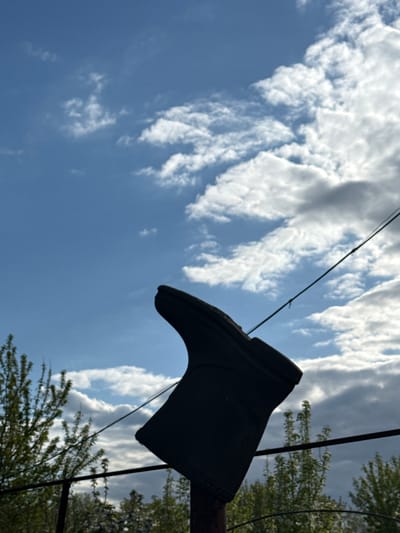 The image depicts a black rubber boot placed atop a metal pole against a backdrop of a partially cloudy sky. A few tree branches are also visible on the right side of the frame. Several wires stretch across the scene. It is not possible to confirm the location in Aksay, Kazakhstan, based on visual information. There is no information on people or interactions.