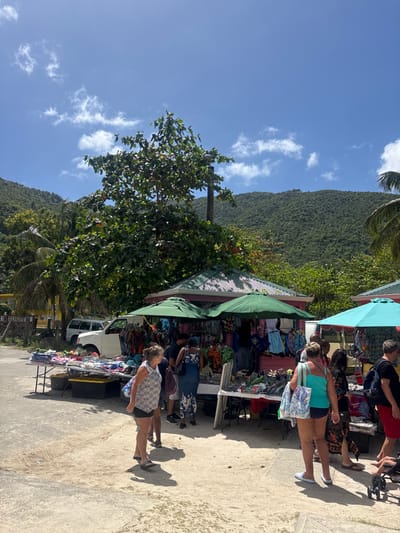 This image captures an outdoor market scene in Road Town, British Virgin Islands, on a bright, sunny day under a blue sky with scattered white cumulus clouds. Lush green, forested hills dominate the background, indicating a tropical environment.

In the foreground and midground, a dirt and asphalt area hosts several vendor stalls. Two prominent stalls are small, pink-sided structures with green shingled roofs, each shaded by a large, circular green umbrella. A third stall on the right features a lighter blue umbrella. These stalls display a variety of colorful merchandise, including clothing (t-shirts, dresses, shorts), hats, and bags, hung on racks and laid out on tables. To the far left, a white pickup truck is parked adjacent to a yellow building, partially obscured by a large leafy tree with reddish fruit and some palm trees.

Approximately ten individuals are visible, primarily browsing the merchandise. In the foreground, a woman wearing a white patterned sleeveless top and black shorts walks to the left. Near the central pink stall, a woman in a dark blue patterned dress examines items. To the right, another woman in a teal tank top and dark shorts, carrying a patterned tote bag, walks towards the right. A man in a black t-shirt and red shorts is also walking right, with a portion of a black stroller visible next to him. Other individuals are partially obscured by the stalls, engaged in observation or shopping. Shadows are distinctly cast, consistent with direct sunlight.