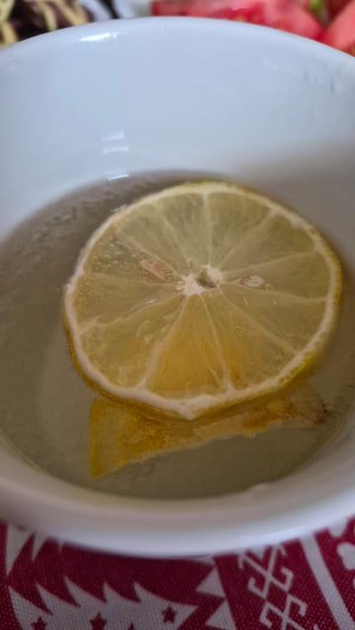 A close-up, overhead shot focuses on a slice of lemon floating in a clear liquid, possibly water or a beverage, within a white ceramic bowl. The lemon slice is positioned slightly off-center to the left, revealing its segmented interior and a few small seeds. Tiny bubbles are visible clinging to the lemon's surface and dispersed in the liquid, suggesting effervescence. To the right of the main lemon slice, a smaller, wedge-shaped piece of lemon is partially submerged. The liquid fills the bowl, creating a reflective surface where light glints off the edges. The white bowl curves into the frame from the left and bottom, its smooth, glossy surface showing some subtle reflections. In the background, to the right, a red and white patterned fabric is visible, featuring Christmas tree motifs. To the far left, a blurred element of pink and green suggests other objects or perhaps flowers. The lighting appears to be indoor, with the light source creating bright reflections on the bowl. The overall impression is one of a refreshing drink or a culinary preparation. No text is visible in the image. The setting appears to be domestic, with the Christmas-themed fabric hinting at a festive occasion or time of year. The activity is passive, focusing on the presentation of the ingredients within the bowl.