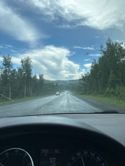 The image shows a view from inside a car, looking out through the windshield onto a wet road. The road is lined with tall, slender trees on both sides, and a cloudy sky with patches of blue is visible above. There are a few cars in the distance on the road. The dashboard of the car is visible in the foreground, with a speedometer displaying a speed of approximately 90. The overall impression is of driving on a highway in a rural or forested area under overcast skies. There is no specific information in the image to indicate the location in the city of Brishbash, Russia.