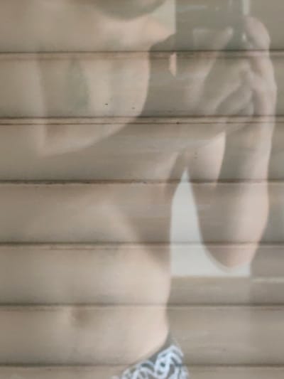 The image is a medium shot of a person's torso, with a pattern of horizontal lines obscuring parts of the subject's body. The subject is facing the camera, and appears to be male, based on the visible musculature and the pattern of the shorts. The lighting is soft and diffused, suggesting an indoor setting, possibly a room with blinds. The overall tone of the image is muted, with a focus on skin tones. There is no discernible text in the image. The presence of the horizontal lines suggests that the photograph may have been taken through a window with blinds, or that the subject is in front of a textured surface. The setting is Altrip, Germany. The activity appears to be a casual pose, possibly a selfie, given the angle.