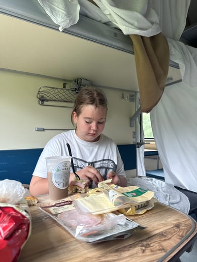 A young person is sitting at a wooden table inside a train compartment. The person is wearing a white t-shirt and is focused on preparing a sandwich with ham and cheese. There are food items on the table, including a drink in a plastic cup, packaged ham, cheese slices, and bread. The compartment has blue seats, a white curtain, and shelves overhead. The window shows a blurred green landscape outside. The overall scene depicts a meal being eaten during a train journey.