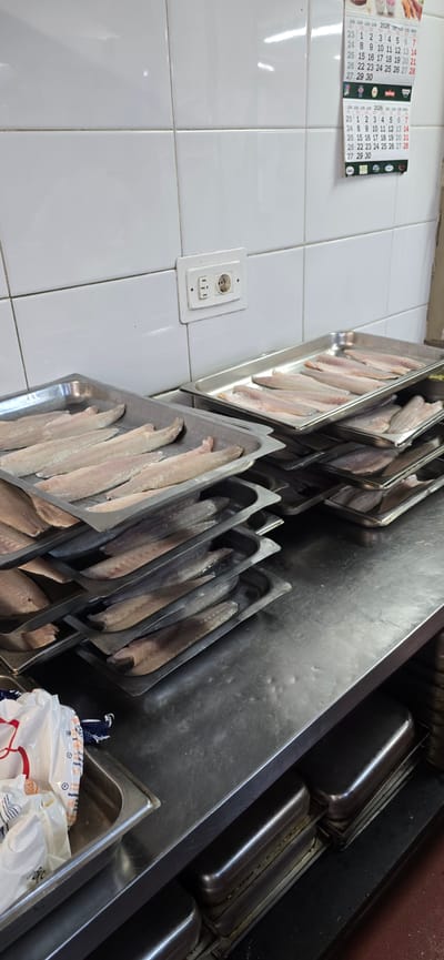 In a commercial kitchen environment in Sallent de Gállego, Spain, multiple stainless steel trays are stacked and filled with raw fish fillets. The fish appears to be white fish, such as cod or hake, and is arranged in single layers within the trays. The kitchen has white tiled walls and a stainless steel countertop, a common setup for food preparation areas. An electrical outlet is visible on the wall, as is a calendar hanging above the trays, indicating the current date is within the month of June in the year 2026. The overall impression is of a food preparation area ready for cooking or further processing of the fish.