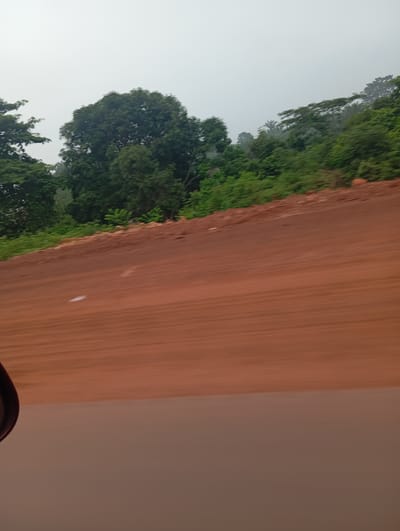 The image captures a view from a vehicle moving along a dirt road in Imilike, Nigeria. The road itself is a prominent feature, characterized by its reddish-brown soil and a blurred effect due to motion. To the left of the road, the side mirror of the vehicle is partially visible. Beyond the road, a dense forest with various types of trees dominates the landscape. The sky is overcast, suggesting a cloudy or misty day. The overall scene conveys a sense of being in a natural, possibly rural, environment.