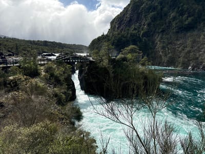 The image captures the turbulent turquoise waters of the Petrohué Falls in the city of Puerto Varas, Chile. A metal pedestrian bridge spans a narrow, rocky gorge where the falls cascade downwards. Lush green vegetation covers the banks of the river and the steep hillside to the right. In the distance, the water widens, and beyond the bridge, more trees and a mountain rise. The sky is partly cloudy, with some sunlight breaking through. A few people are visible on the bridge. A leafless bush is visible in the foreground, right side.
