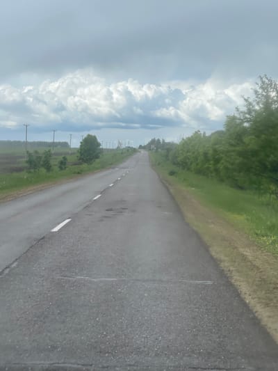 The image depicts a long, straight asphalt road stretching into the distance. The road is marked with a white line along the side. The environment on either side of the road consists of green grass, trees, and telephone poles. The sky above is cloudy and overcast. The photo appears to be taken in the location of Петрово, Russia.